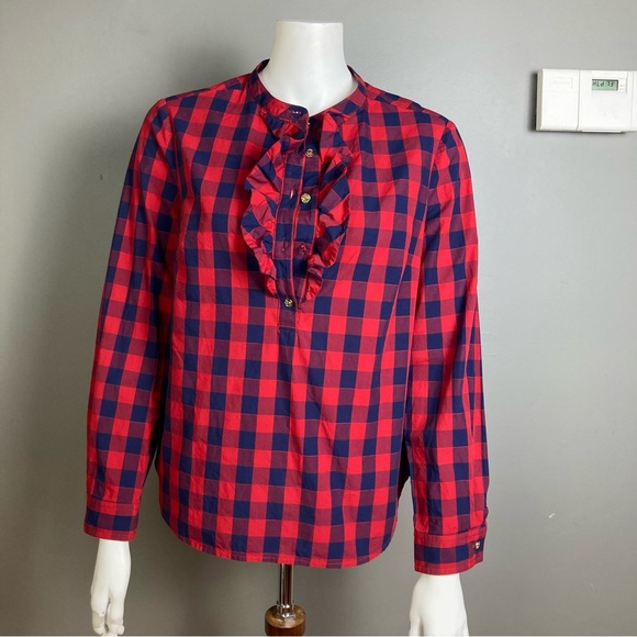 Draper Jane button up shirt 8 long sleeve plaid western ruffle navy blue red - Picture 4 of 10